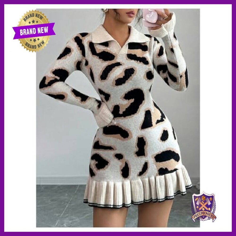 Leopard Print Sweater Dress Long Sleeve Collar Ruffle Hem Mini - Picture 4 of 6